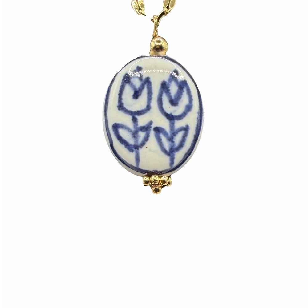 Blue and White Floral Ceramic Pendant on Stainless Steel Necklace - Picture 3 of 13